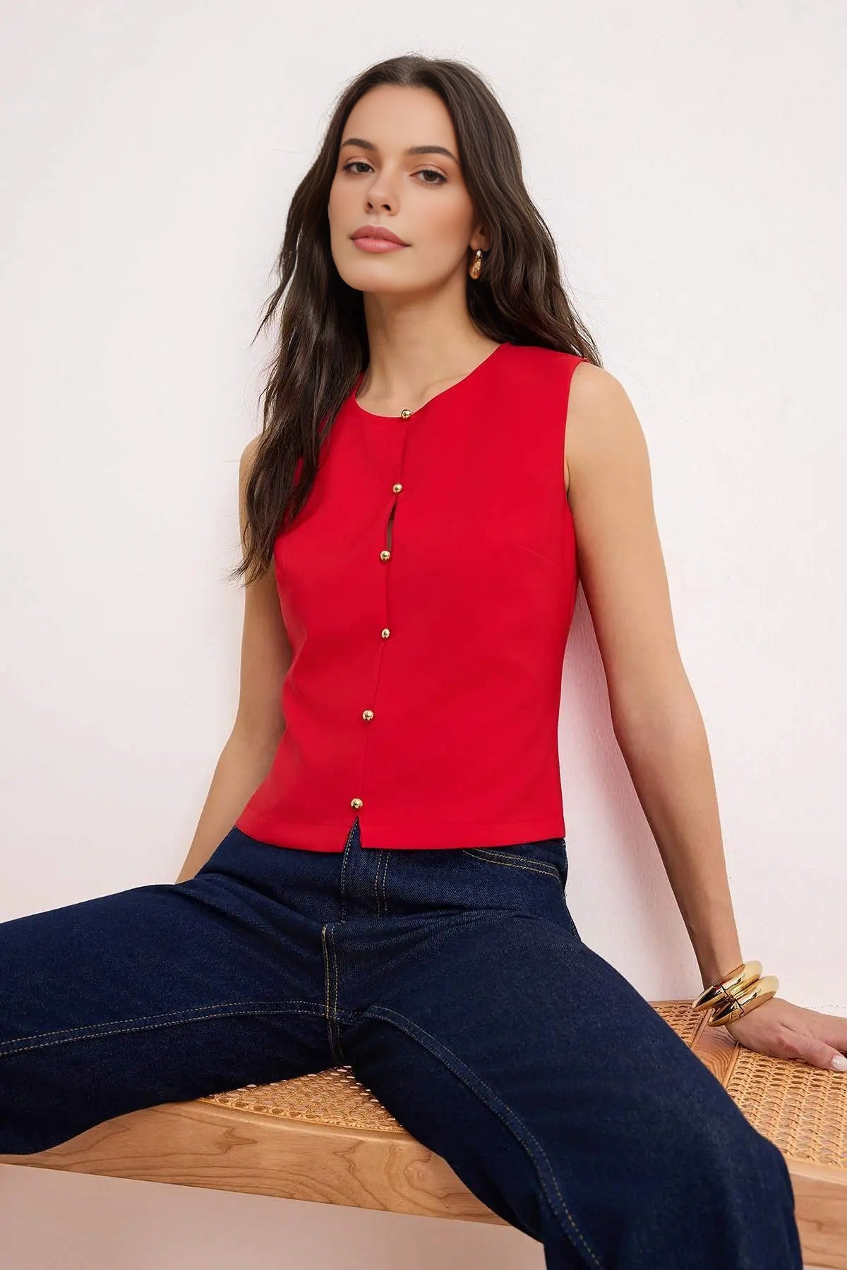 Front Stitched Woven Blouse with Button Detail
