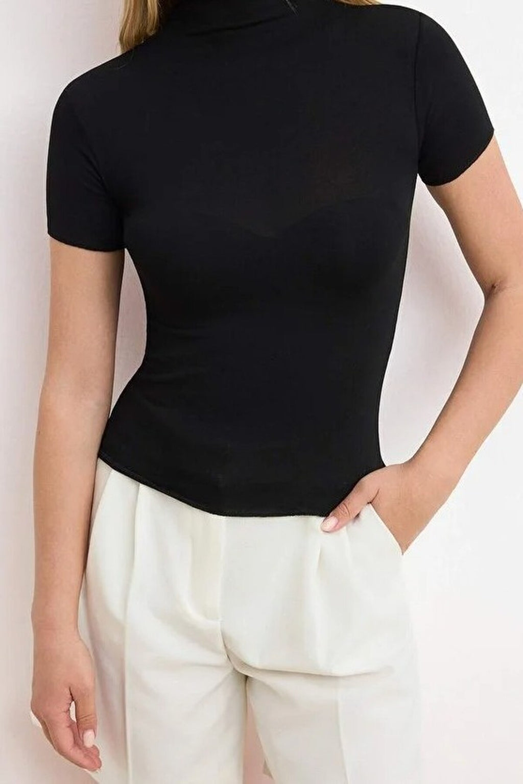 Fitted High Neck Short Sleeve Transparent Knitted Blouse