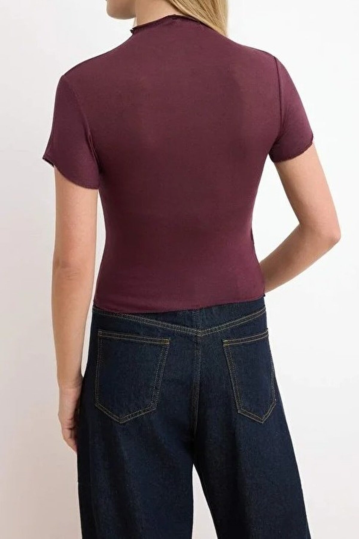 Fitted High Neck Short Sleeve Transparent Knitted Blouse