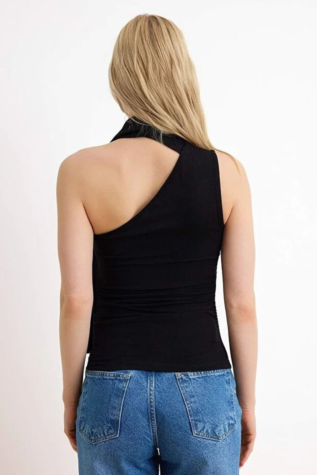 Fitted Asymmetrical Neckline Tie Detail Soft Knit Blouse