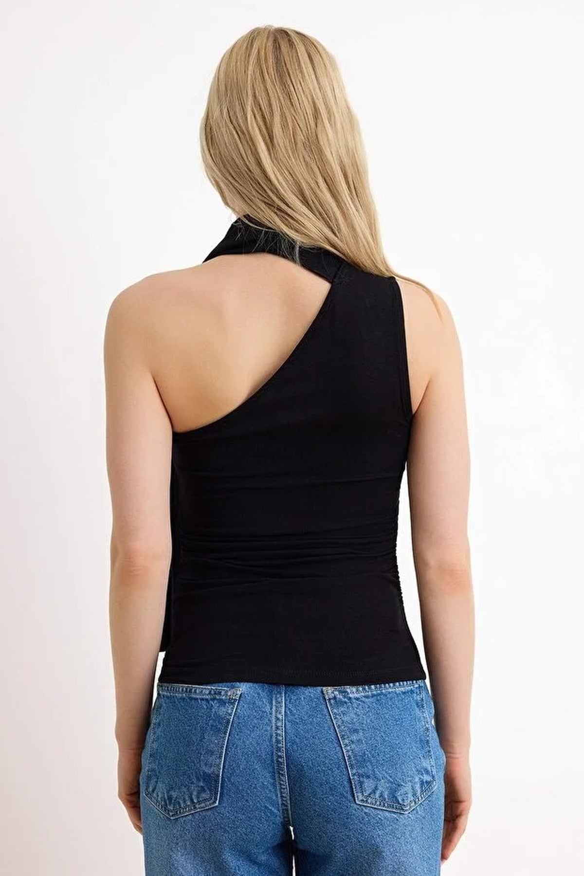 Fitted Asymmetrical Neckline Tie Detail Soft Knit Blouse