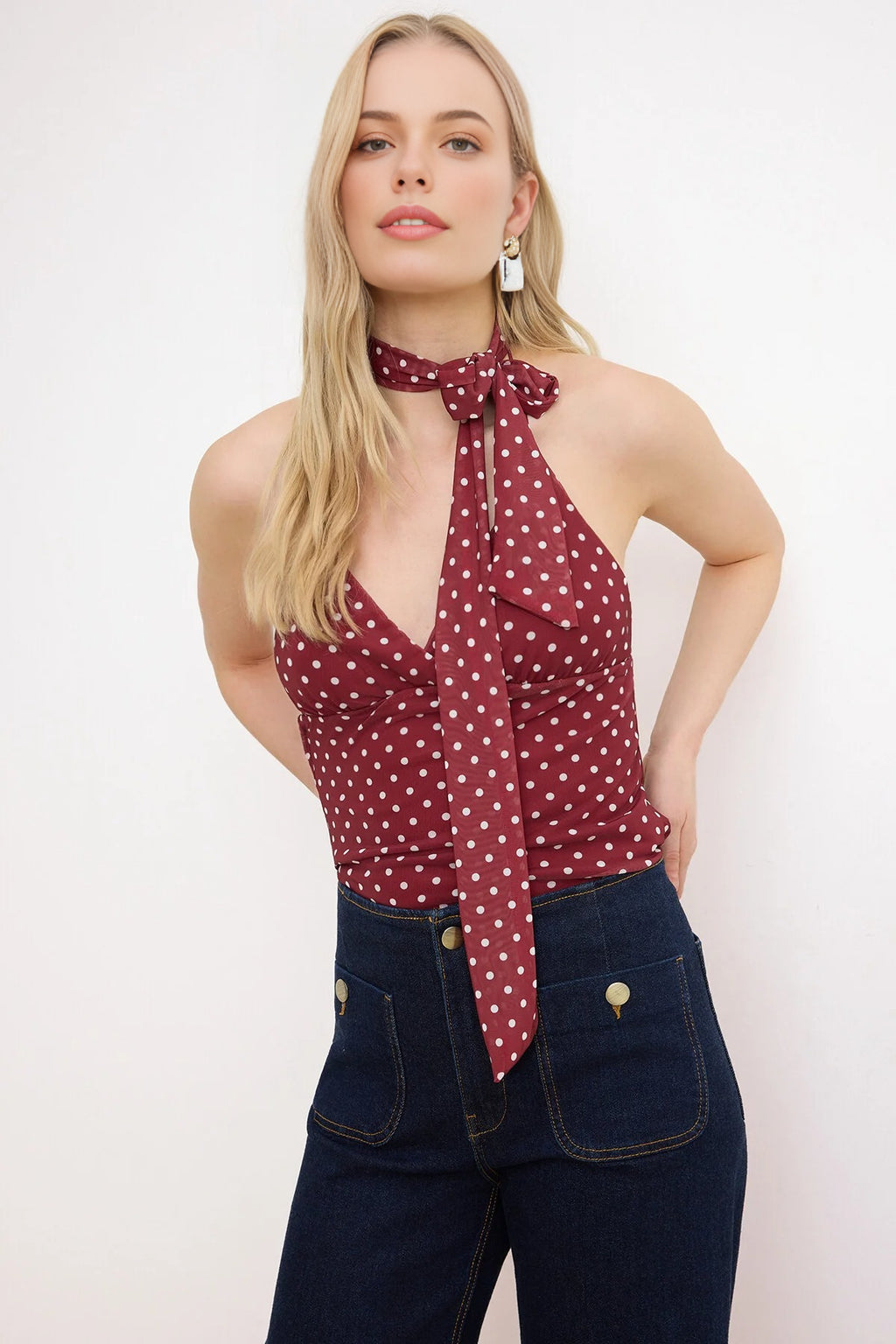 Polka Dot Fitted Halter Neck Tulle Knit Blouse with Scarf