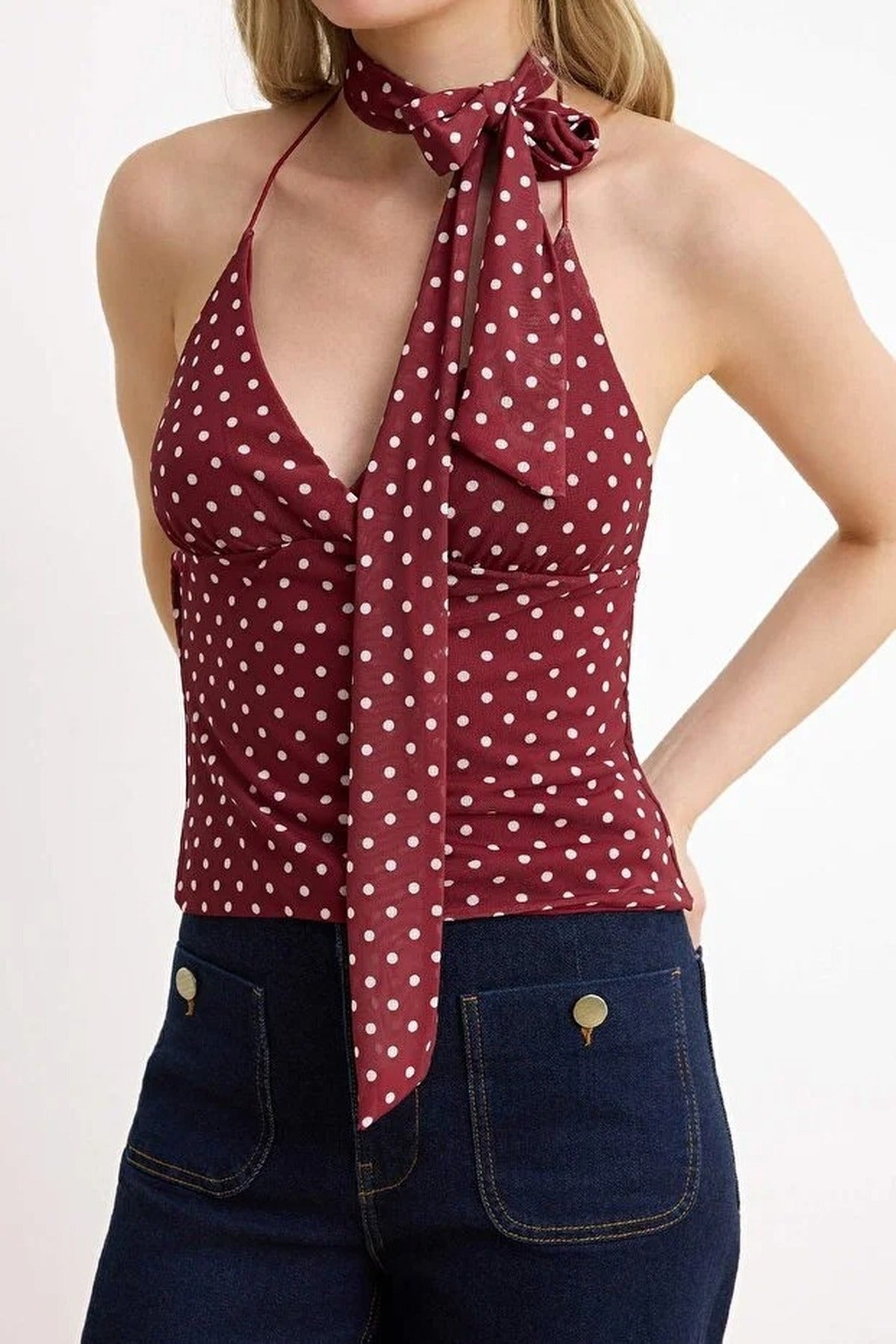 Polka Dot Fitted Halter Neck Tulle Knit Blouse with Scarf
