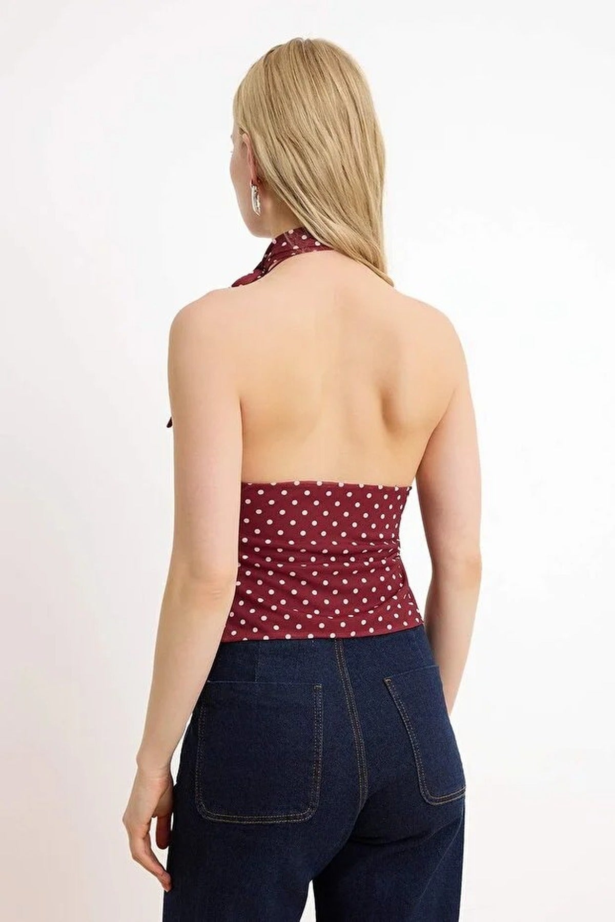 Polka Dot Fitted Halter Neck Tulle Knit Blouse with Scarf