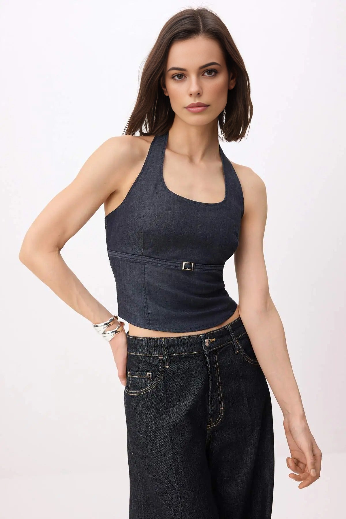 Halter Neck Extra Stretch Denim Blouse