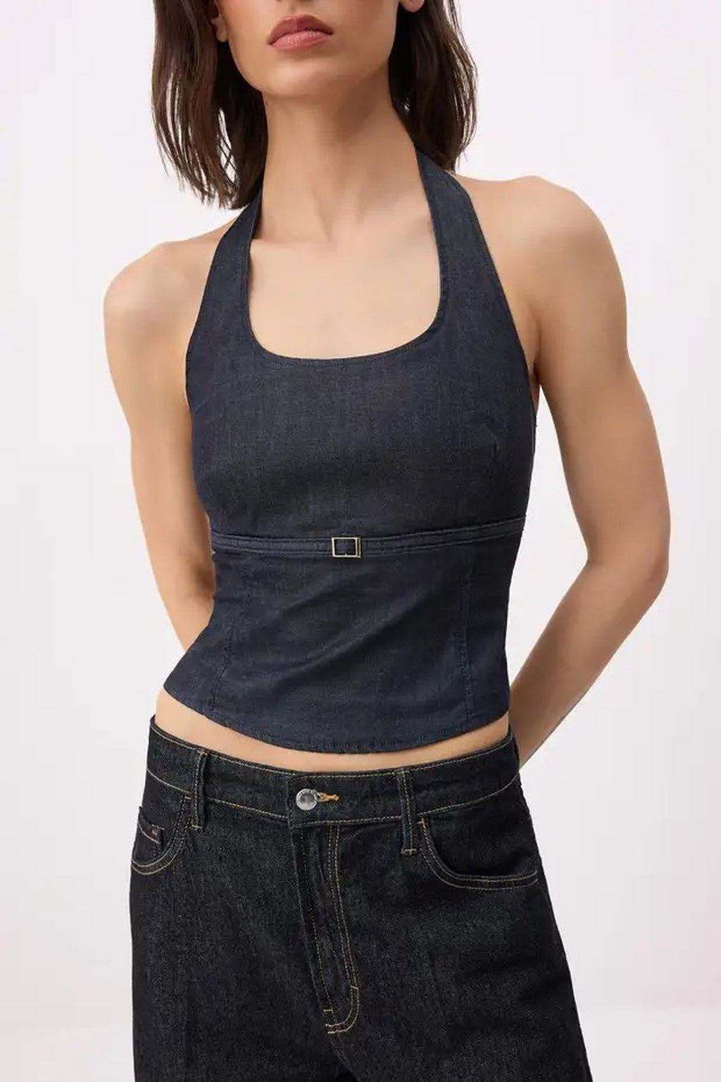 Halter Neck Extra Stretch Denim Blouse