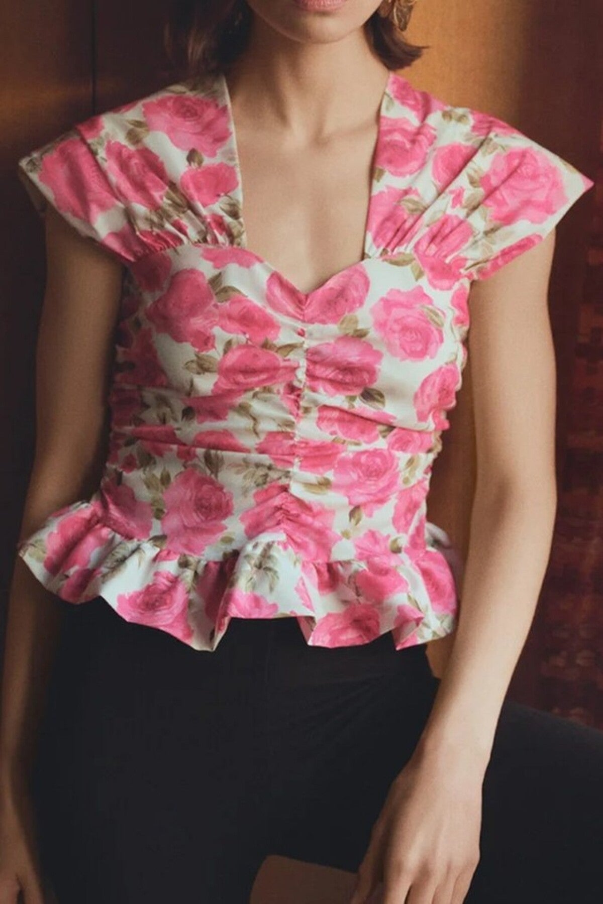 Floral Print Ruched  V-Neck Woven Blouse with Cap Sleeves