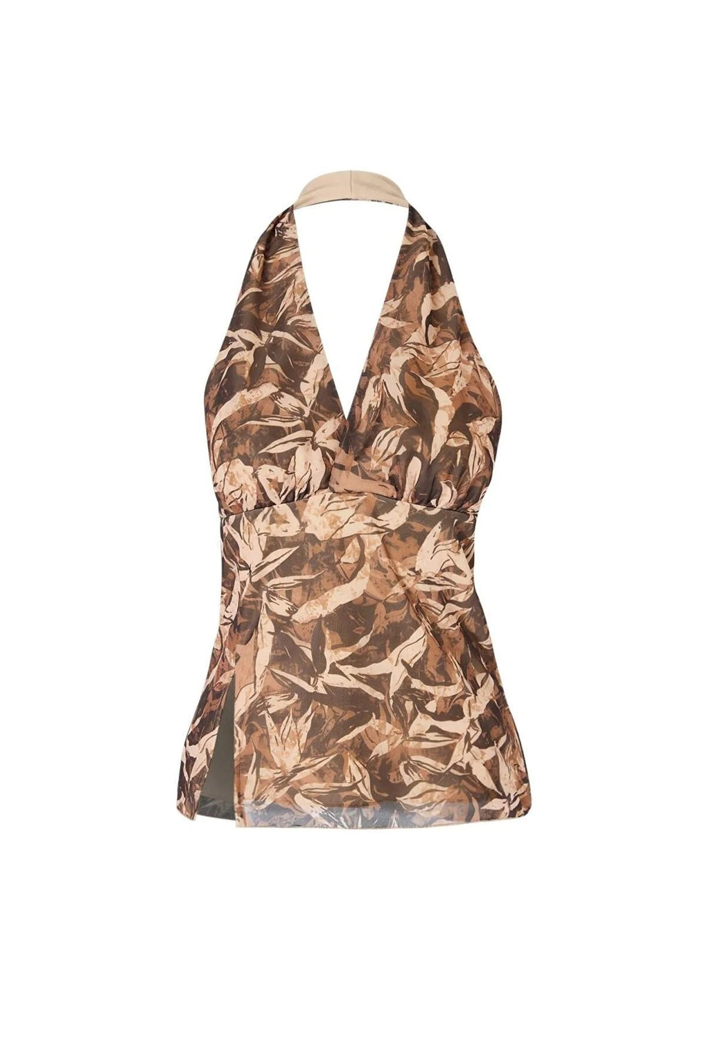 Floral Fitted Halter Neck Tulle Knit Blouse