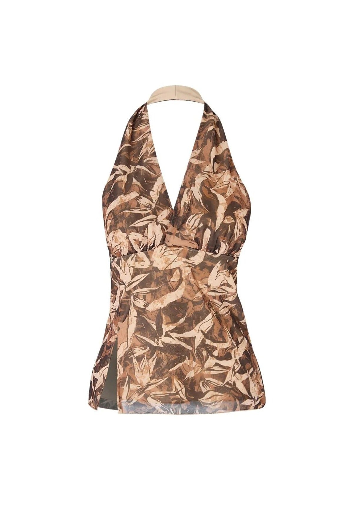 Floral Fitted Halter Neck Tulle Knit Blouse