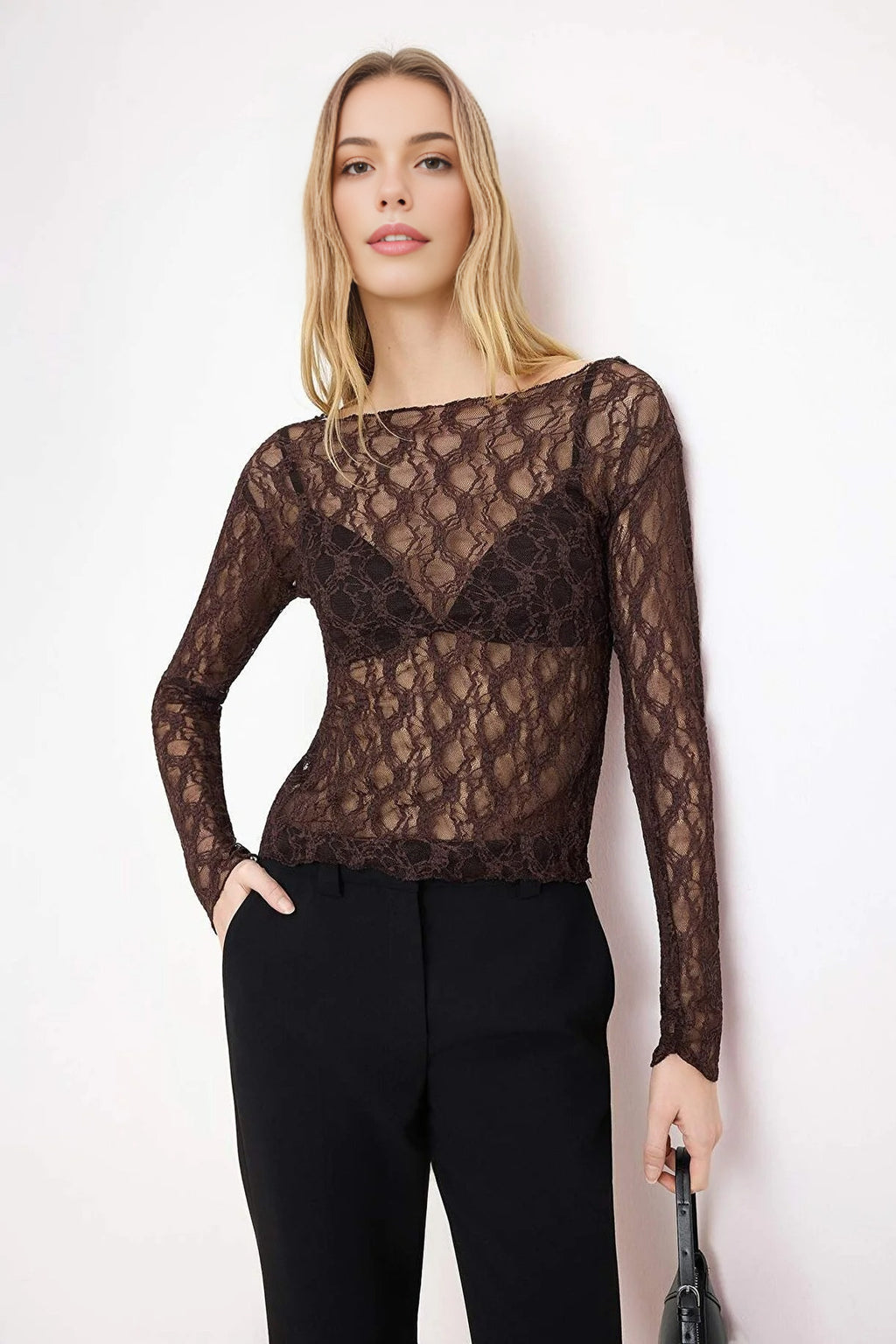 Fitted Boat Neck Long Sleeve Lace Knit Blouse