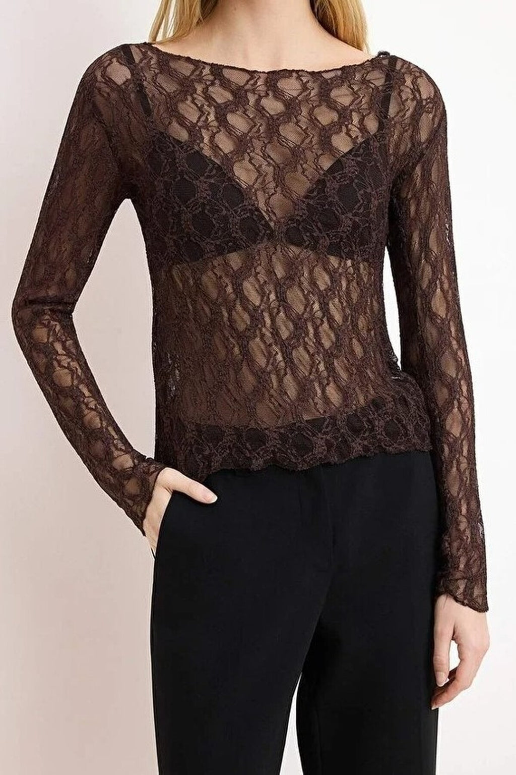 Fitted Boat Neck Long Sleeve Lace Knit Blouse