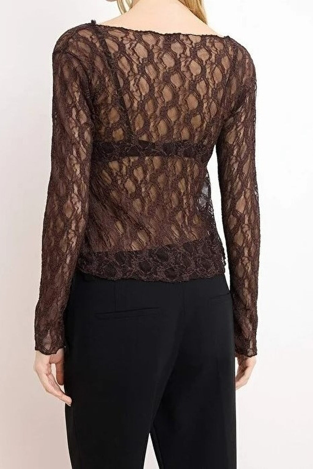 Fitted Boat Neck Long Sleeve Lace Knit Blouse