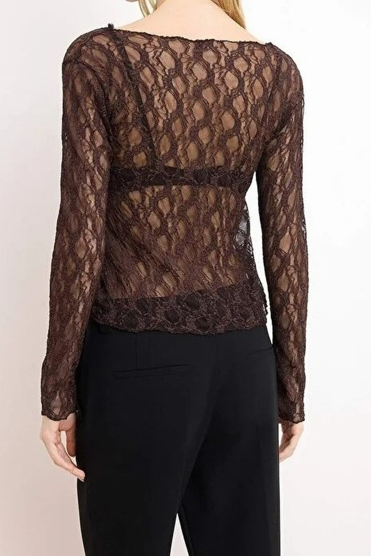 Fitted Boat Neck Long Sleeve Lace Knit Blouse