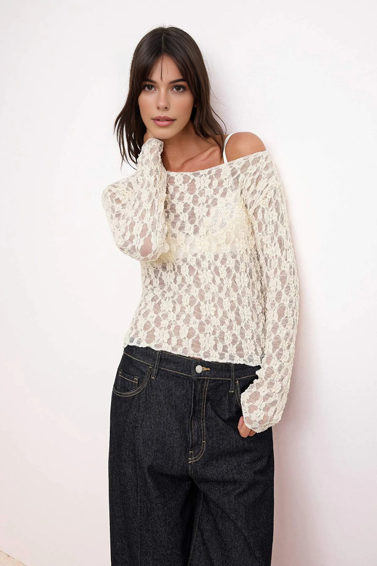 Fitted Boat Neck Long Sleeve Lace Knit Blouse