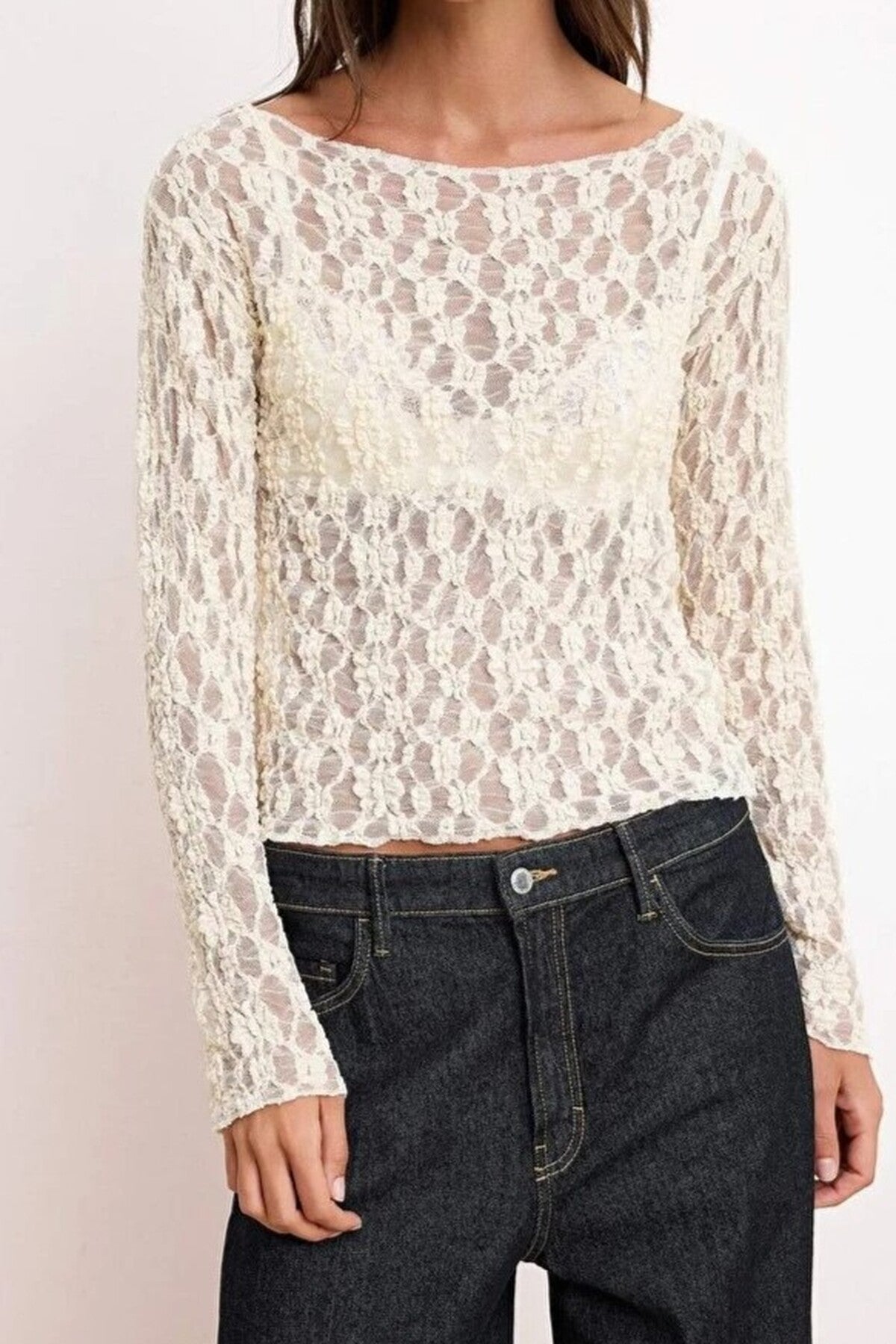 Fitted Boat Neck Long Sleeve Lace Knit Blouse