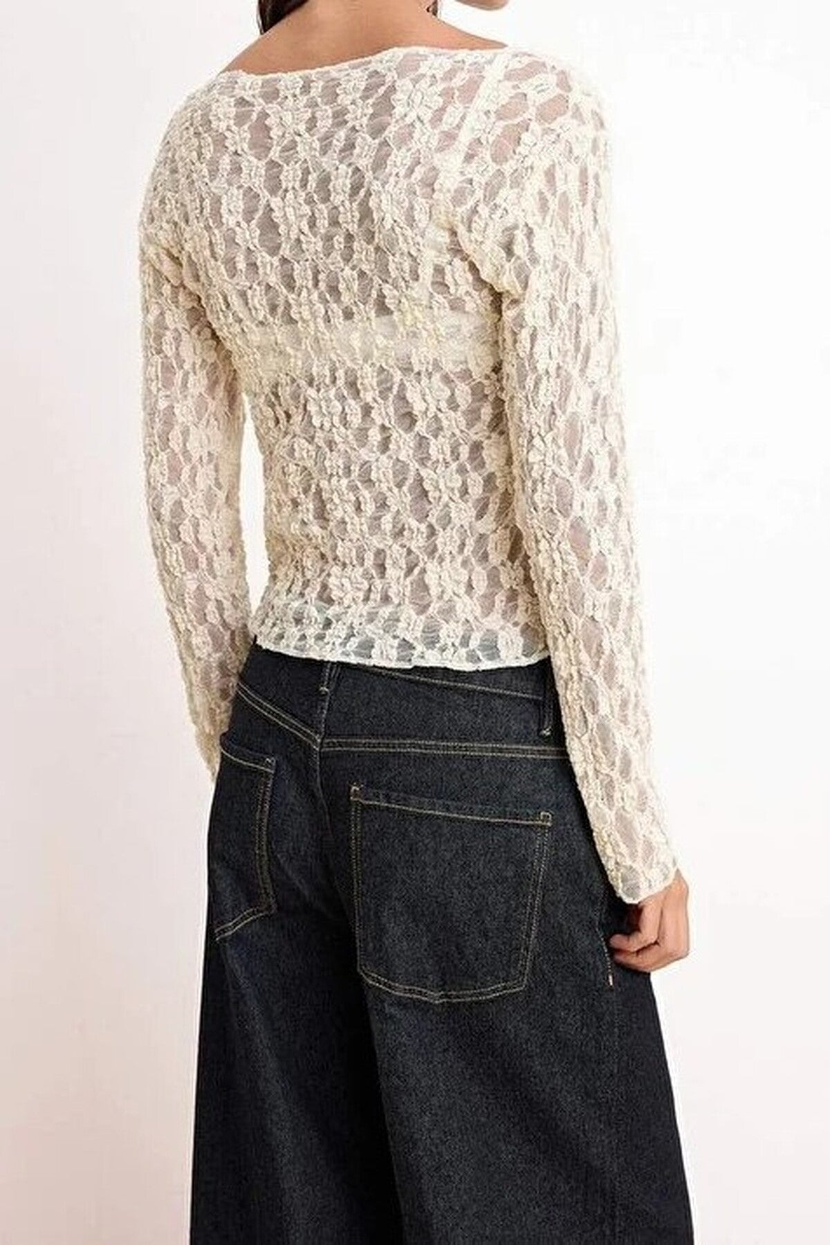 Fitted Boat Neck Long Sleeve Lace Knit Blouse