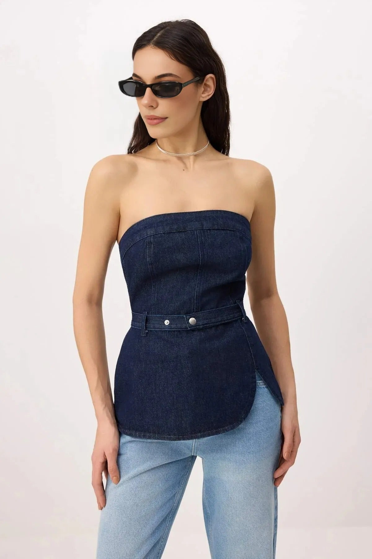 Belt Detail Slightly Stretchy Strapless Denim Blouse