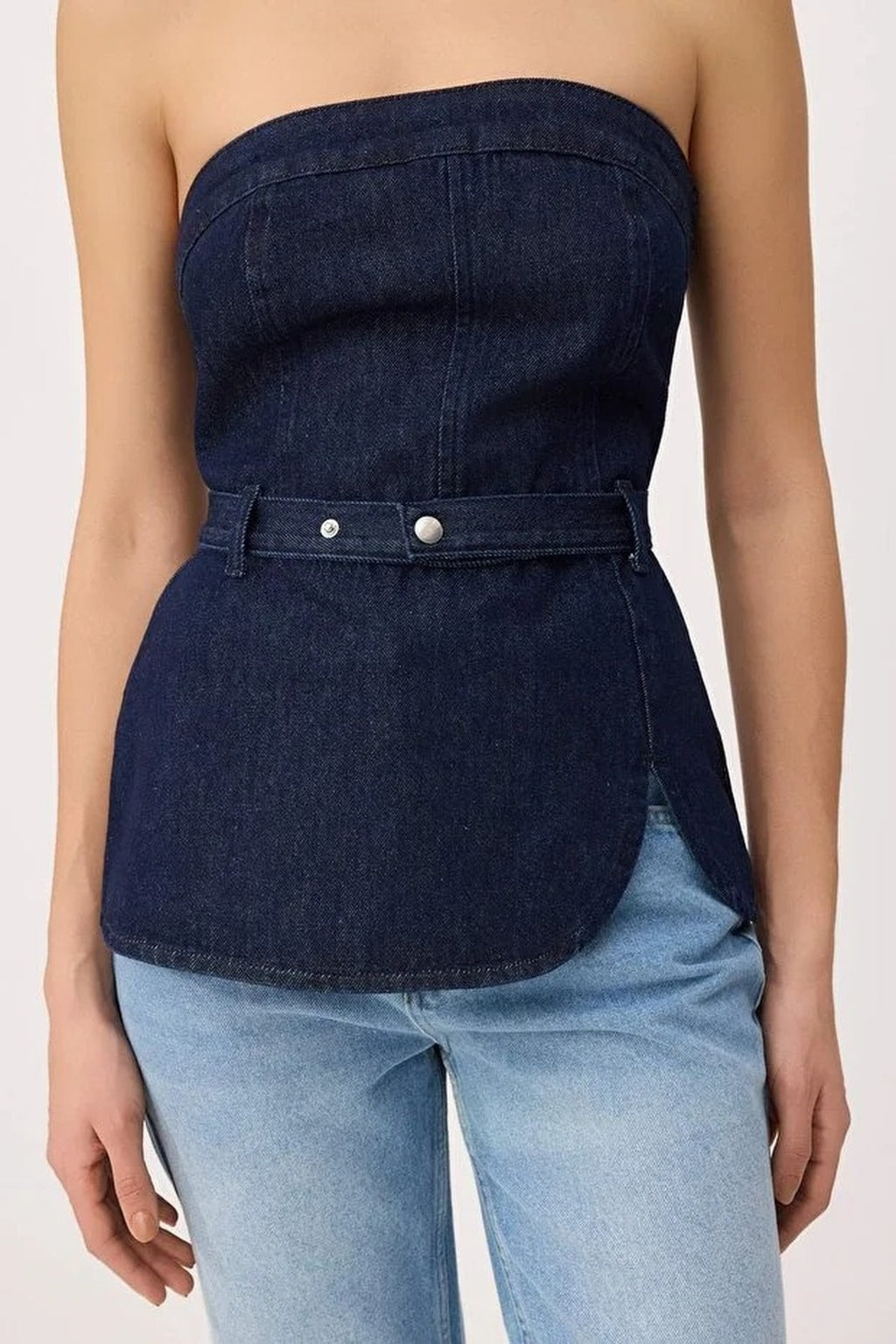 Belt Detail Slightly Stretchy Strapless Denim Blouse
