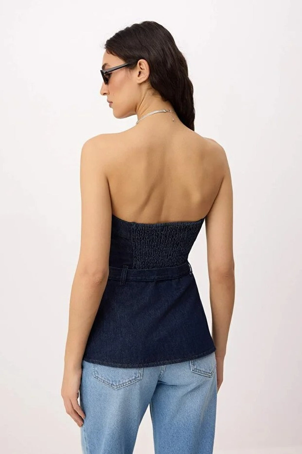 Belt Detail Slightly Stretchy Strapless Denim Blouse