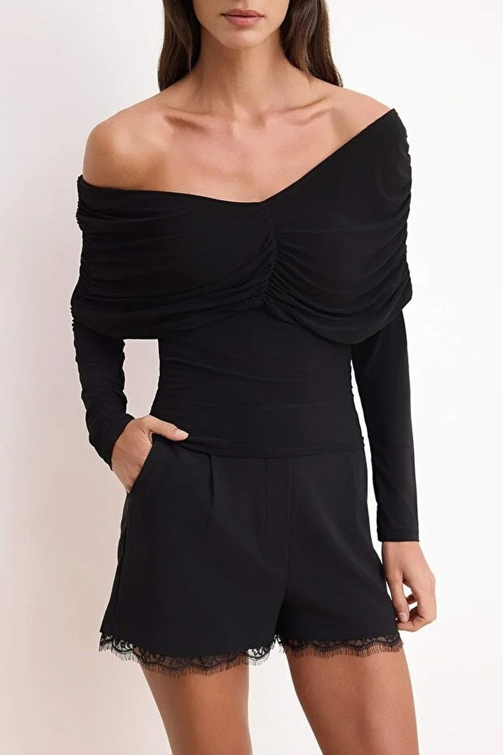 Fitted Carmen Neckline Gathered Detail Long Sleeve Knitted Blouse