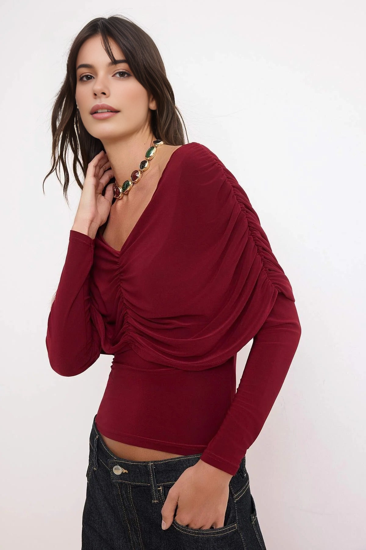 Fitted Carmen Neckline Gathered Detail Long Sleeve Knitted Blouse