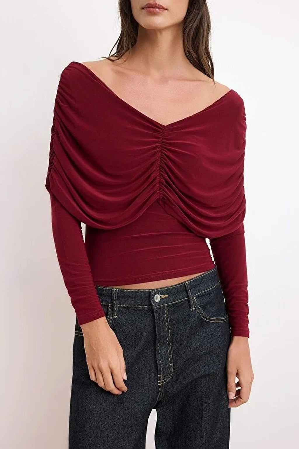 Fitted Carmen Neckline Gathered Detail Long Sleeve Knitted Blouse