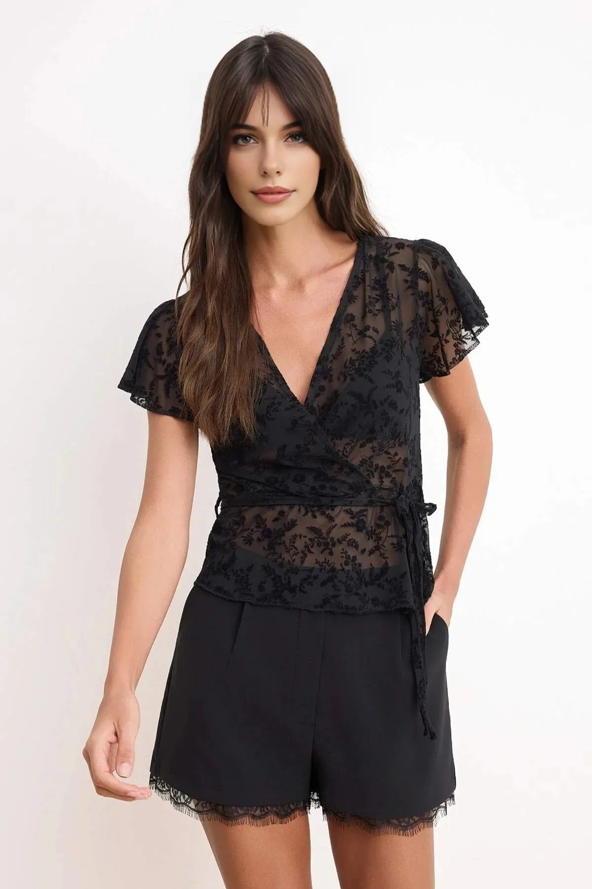Fitted Wrap-Around Long-Sleeve Knitted Blouse