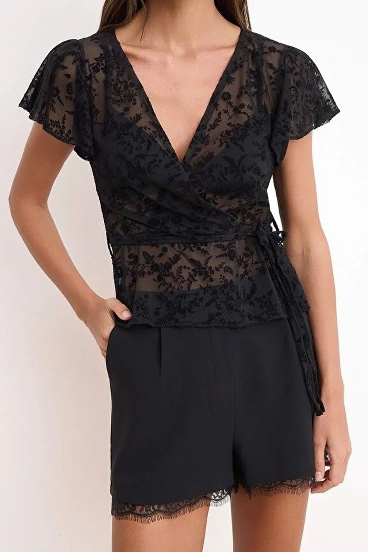 Fitted Wrap-Around Long-Sleeve Knitted Blouse