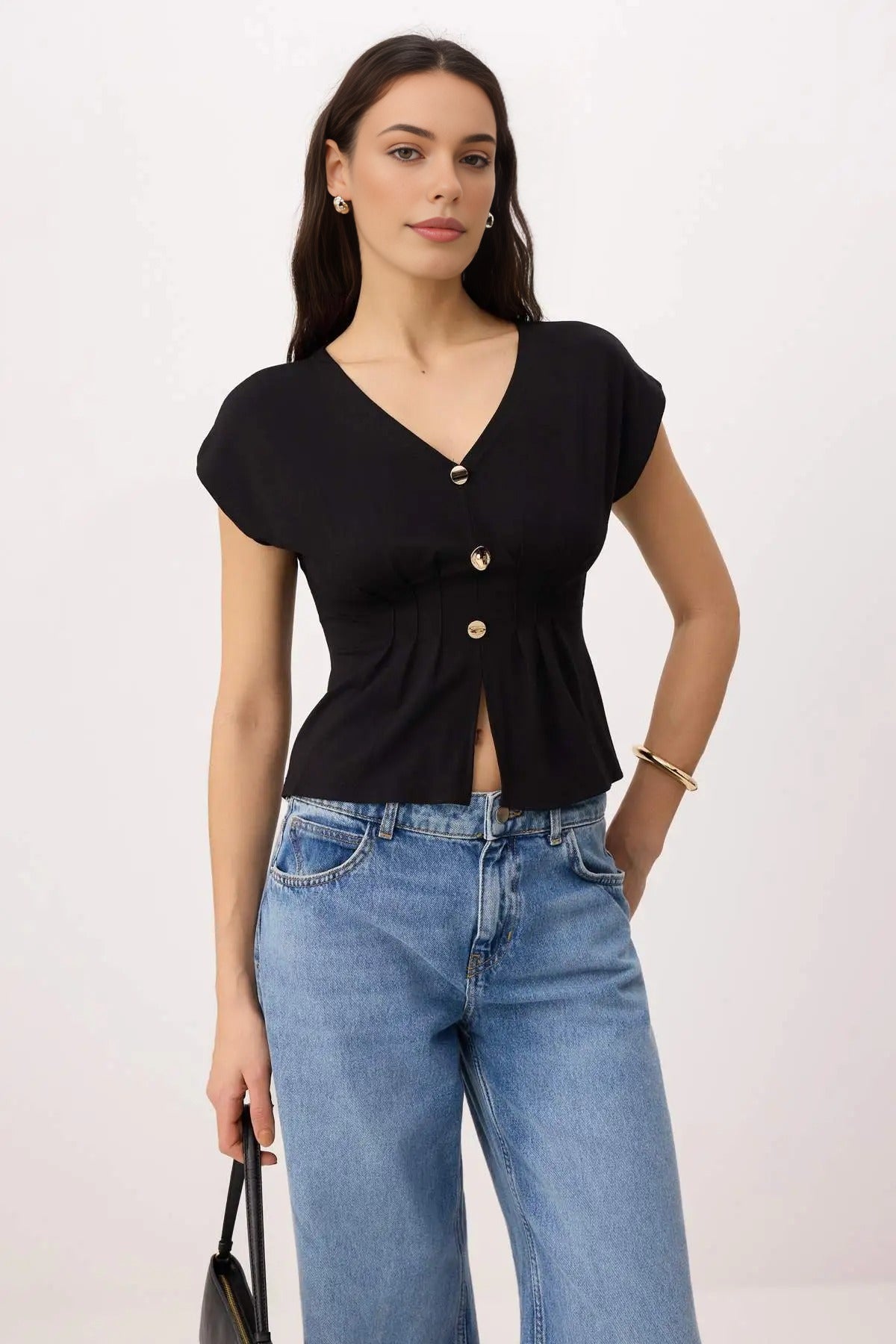 Fitted V-Neck Button-Down Short-Sleeved Soft Knit Blouse