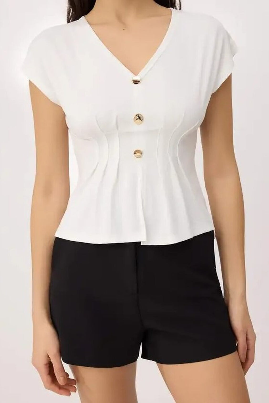 Fitted V-Neck Button-Down Short-Sleeved Soft Knit Blouse