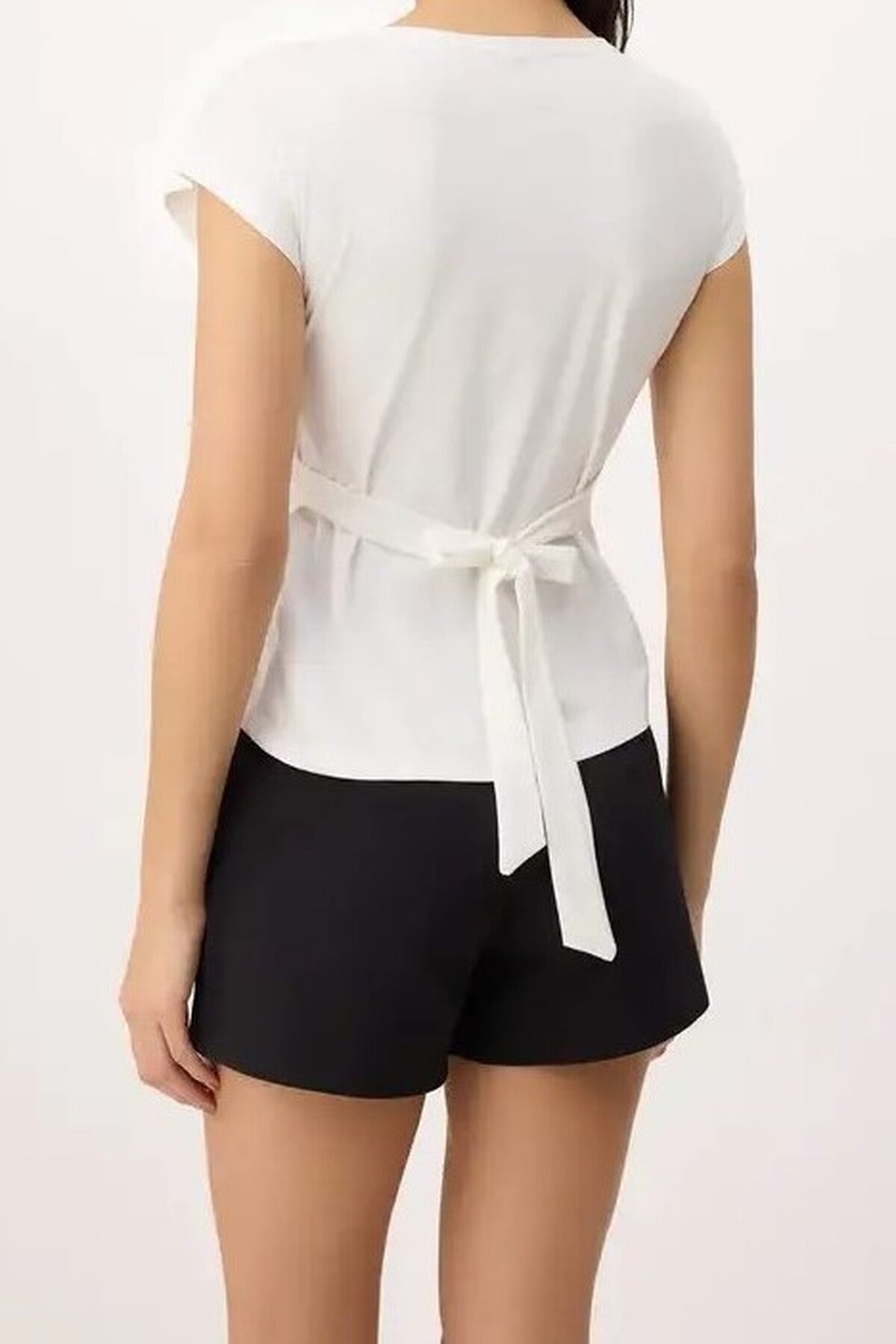 Fitted V-Neck Button-Down Short-Sleeved Soft Knit Blouse