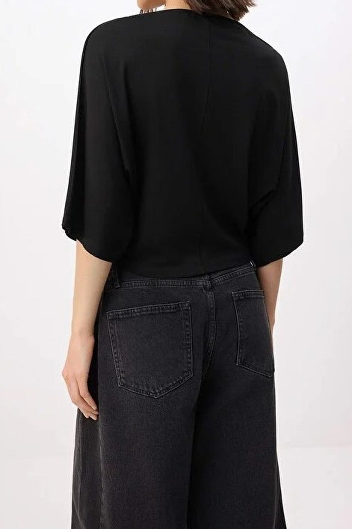 Regular Fit Asymmetric Collar Dropped Sleeve Truvakar Sleeve Knitted Blouse
