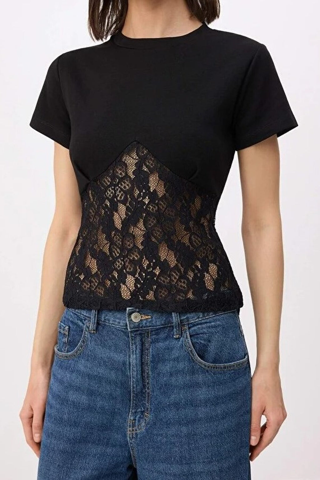 Plain Fitted Crew Neck Crop Cotton Knit Blouse