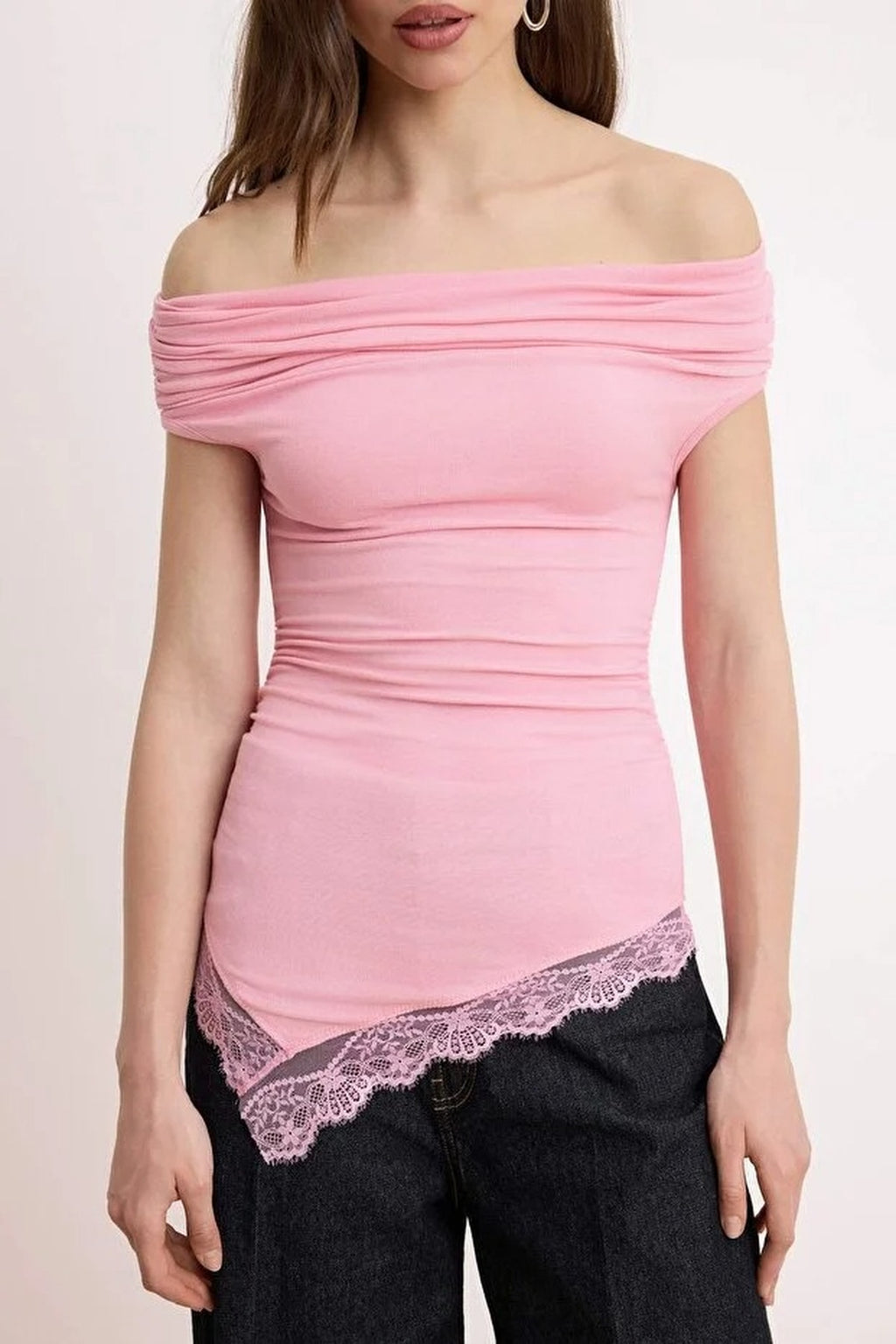 Fitted Carmen Neck Sleeveless Soft Knit Blouse with Lace Detail