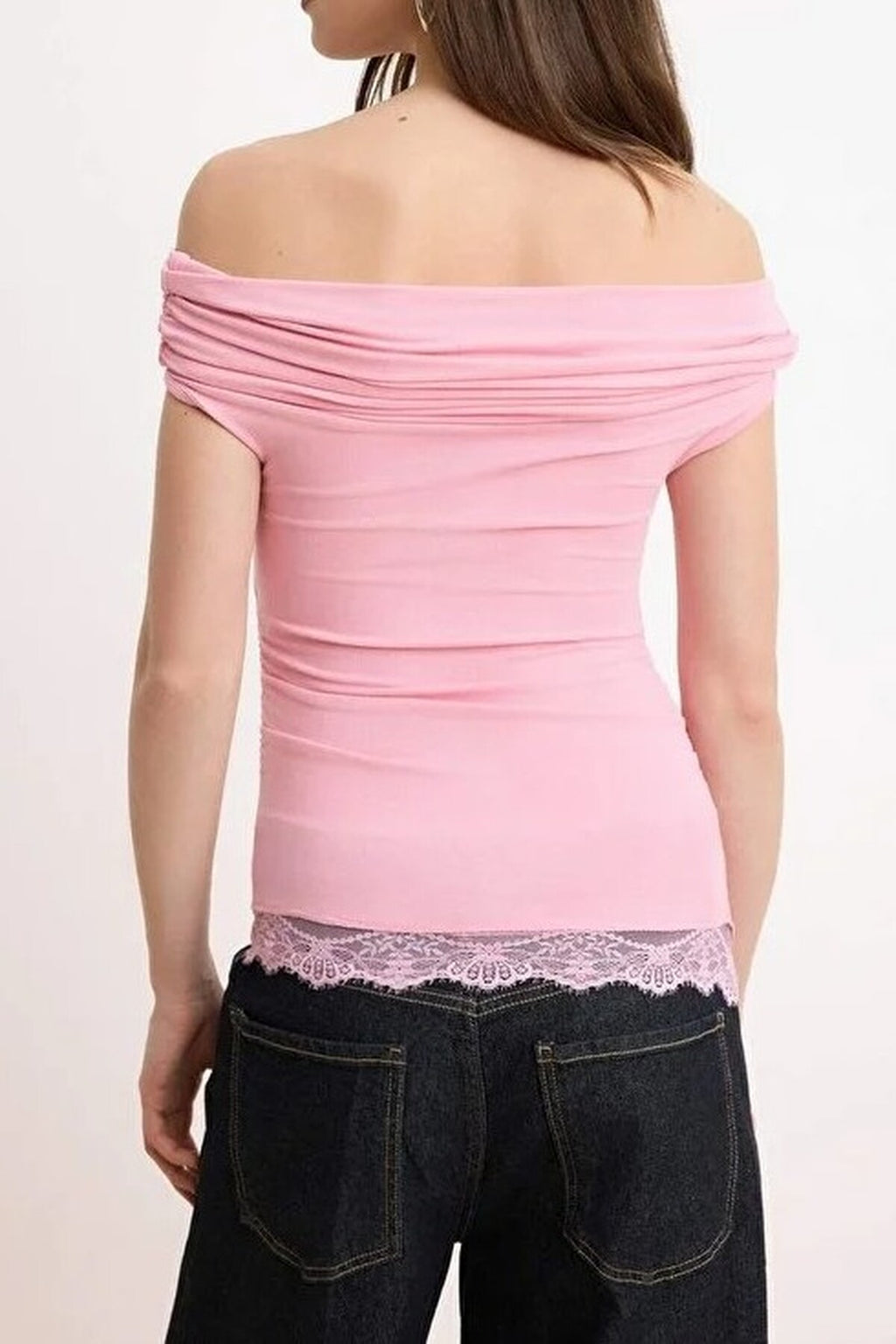 Fitted Carmen Neck Sleeveless Soft Knit Blouse with Lace Detail
