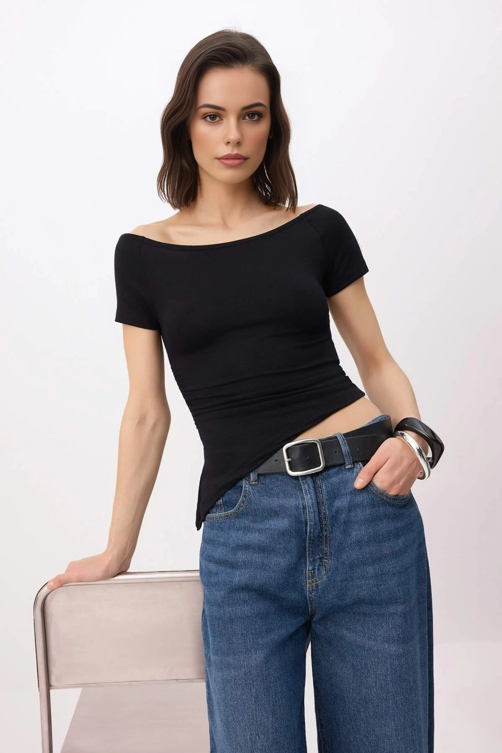 Fitted Boat Neck Short Sleeve Soft Knit Blouse