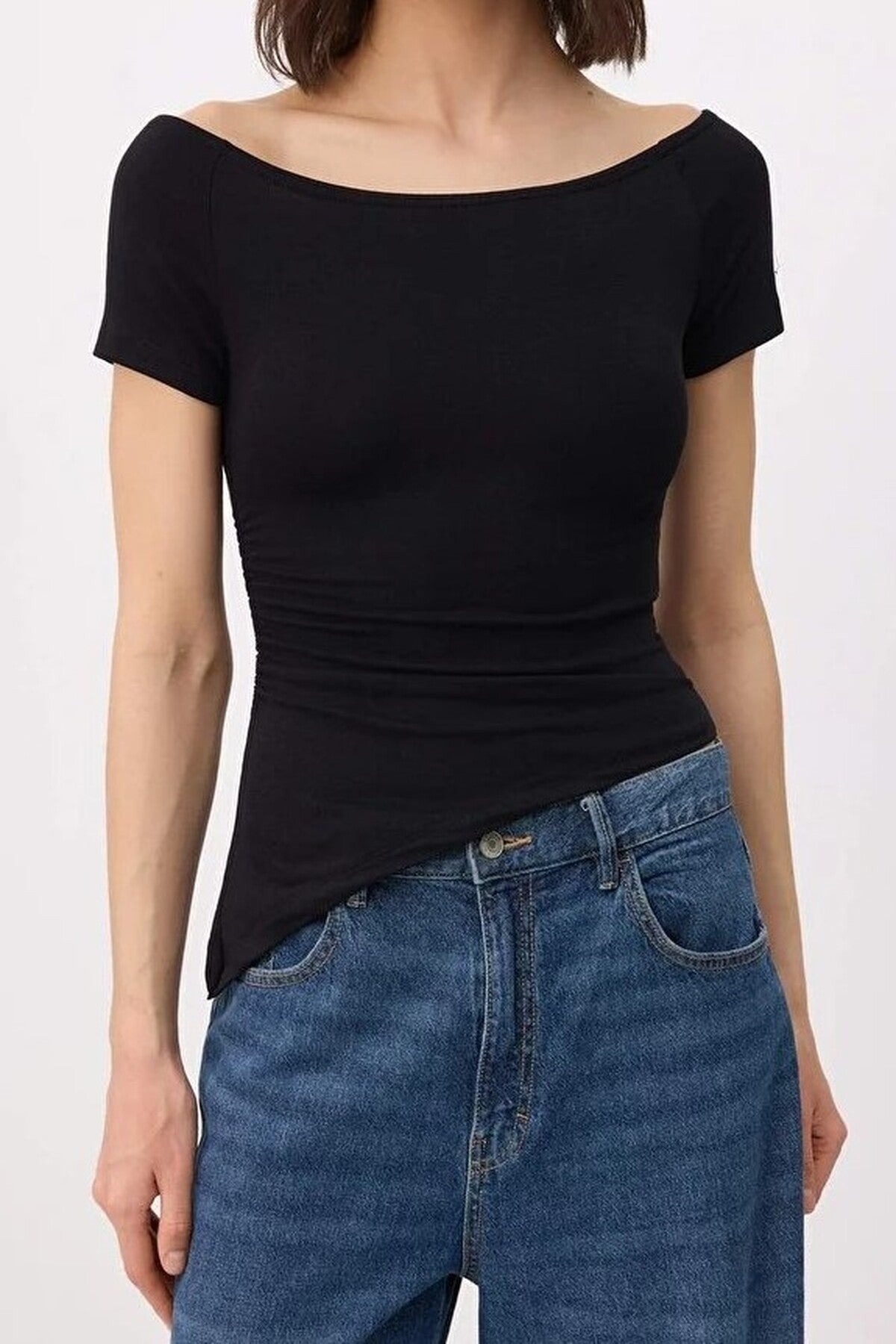 Fitted Boat Neck Short Sleeve Soft Knit Blouse