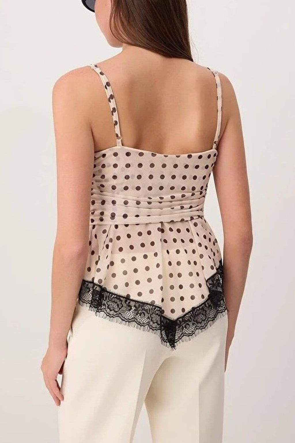 Polka Dot V-Neck Knitted Blouse with Lace Detail