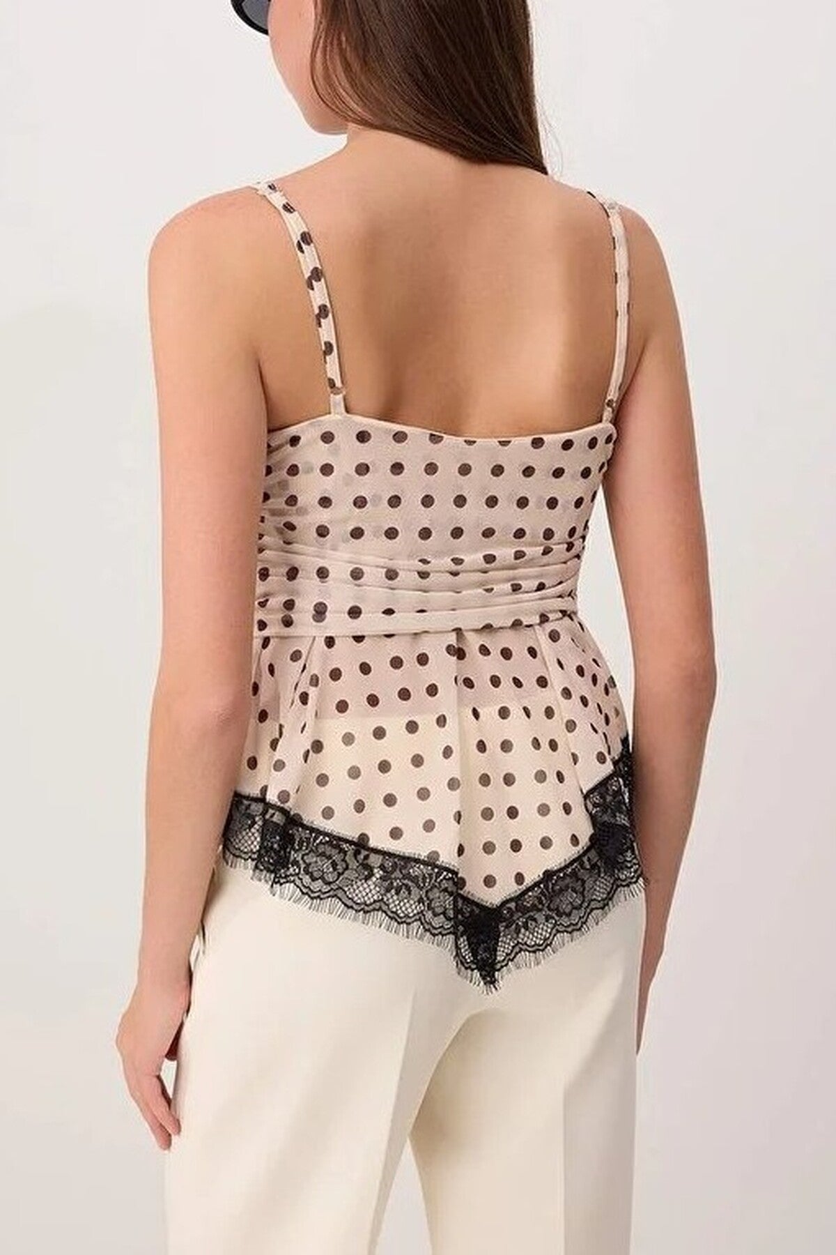 Polka Dot V-Neck Knitted Blouse with Lace Detail