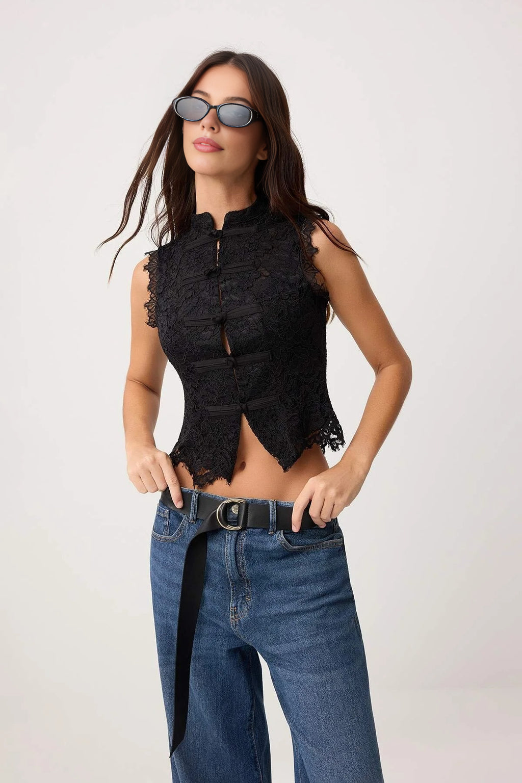 High Neck Sleeveless Guipure Lace Blouse with Brit Detail