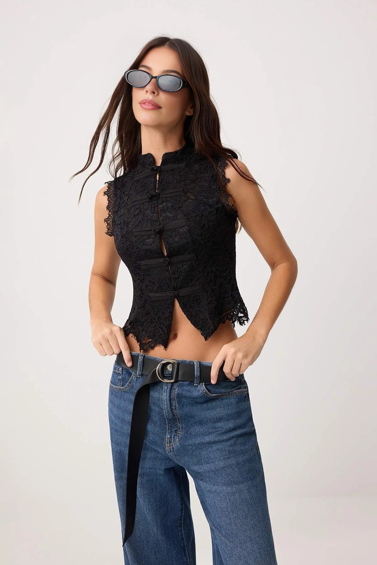 High Neck Sleeveless Guipure Lace Blouse with Brit Detail