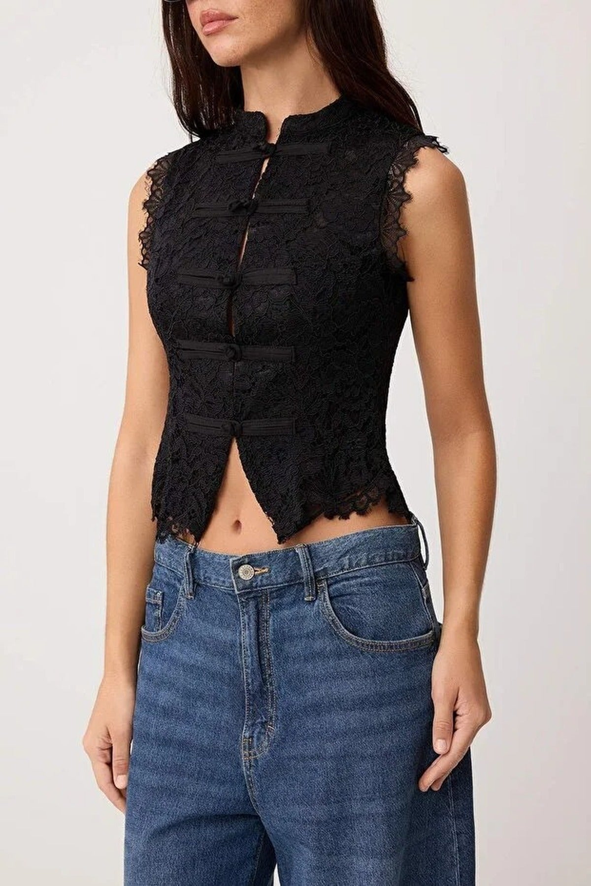 High Neck Sleeveless Guipure Lace Blouse with Brit Detail