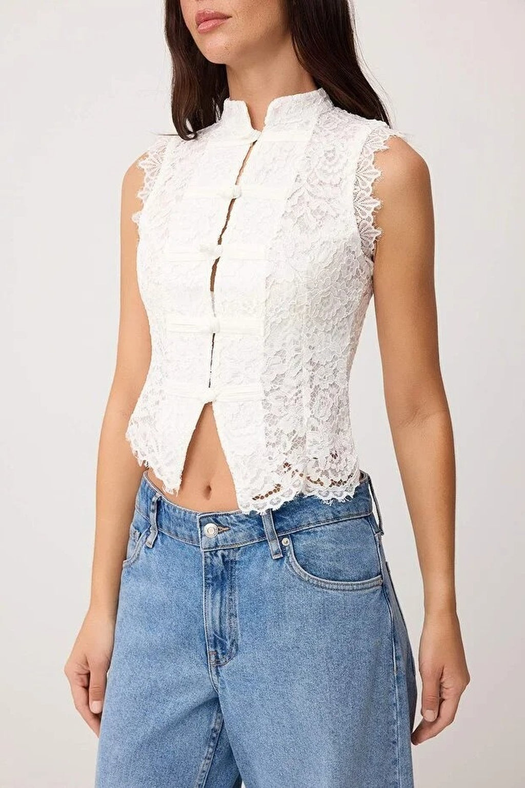 High Neck Sleeveless Guipure Lace Blouse with Brit Detail