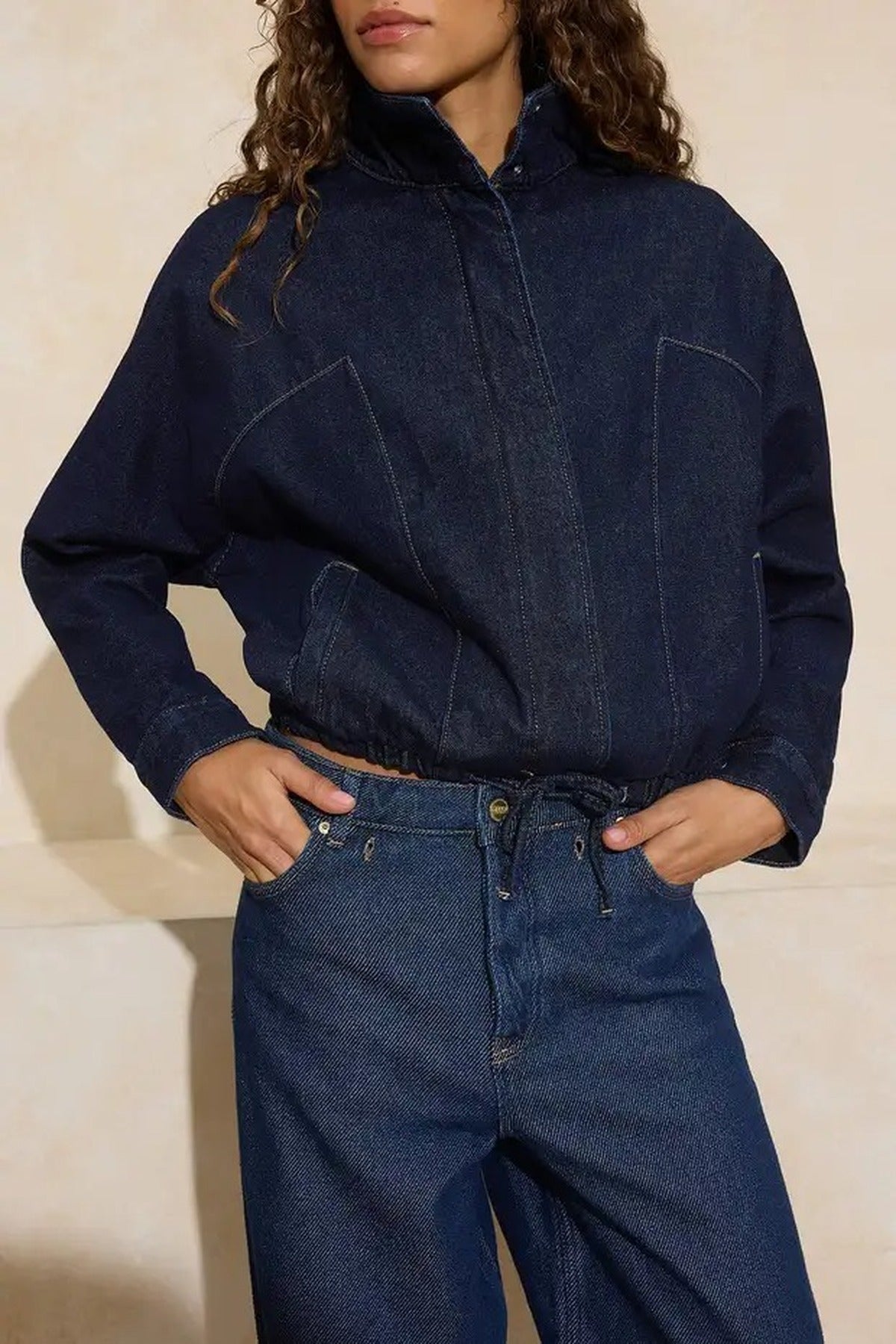 Stand-Up Collar Bomber 100% Cotton Denim Jacket