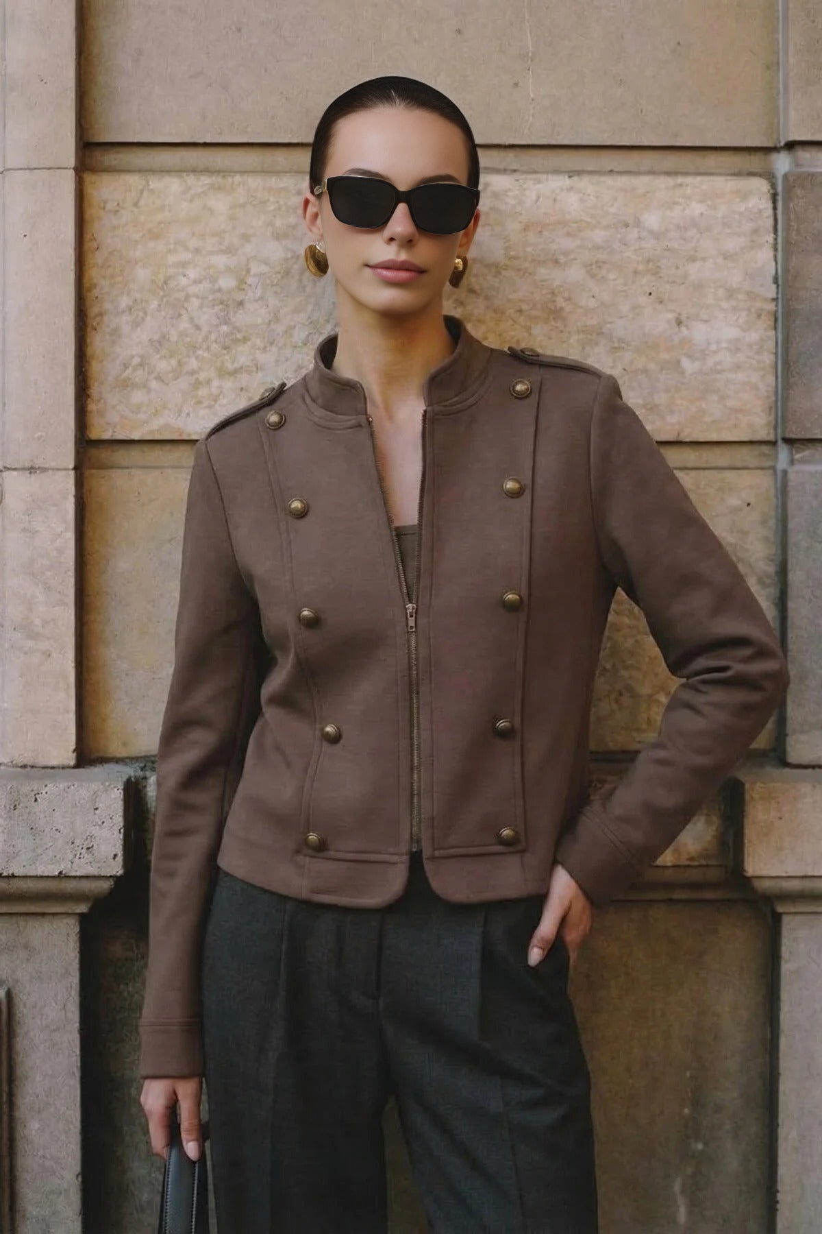 Fitted Zippered Lined Button Detail Napoleon Jacket