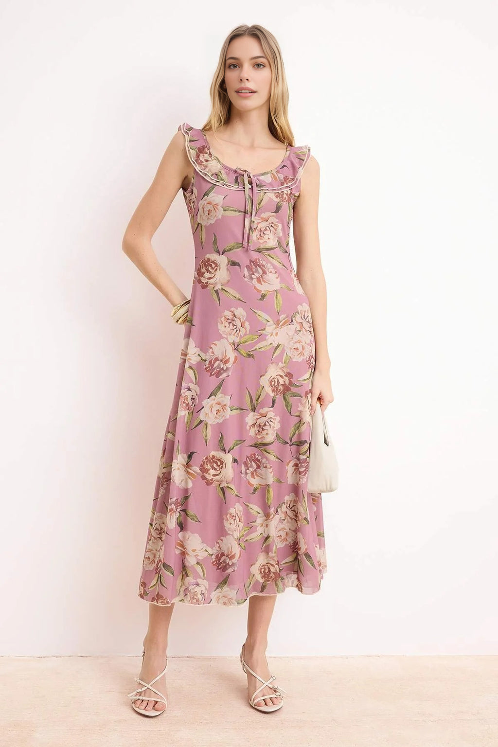 Floral A-Line Pool Neck Fruffled Midi Tulle Knit Dress