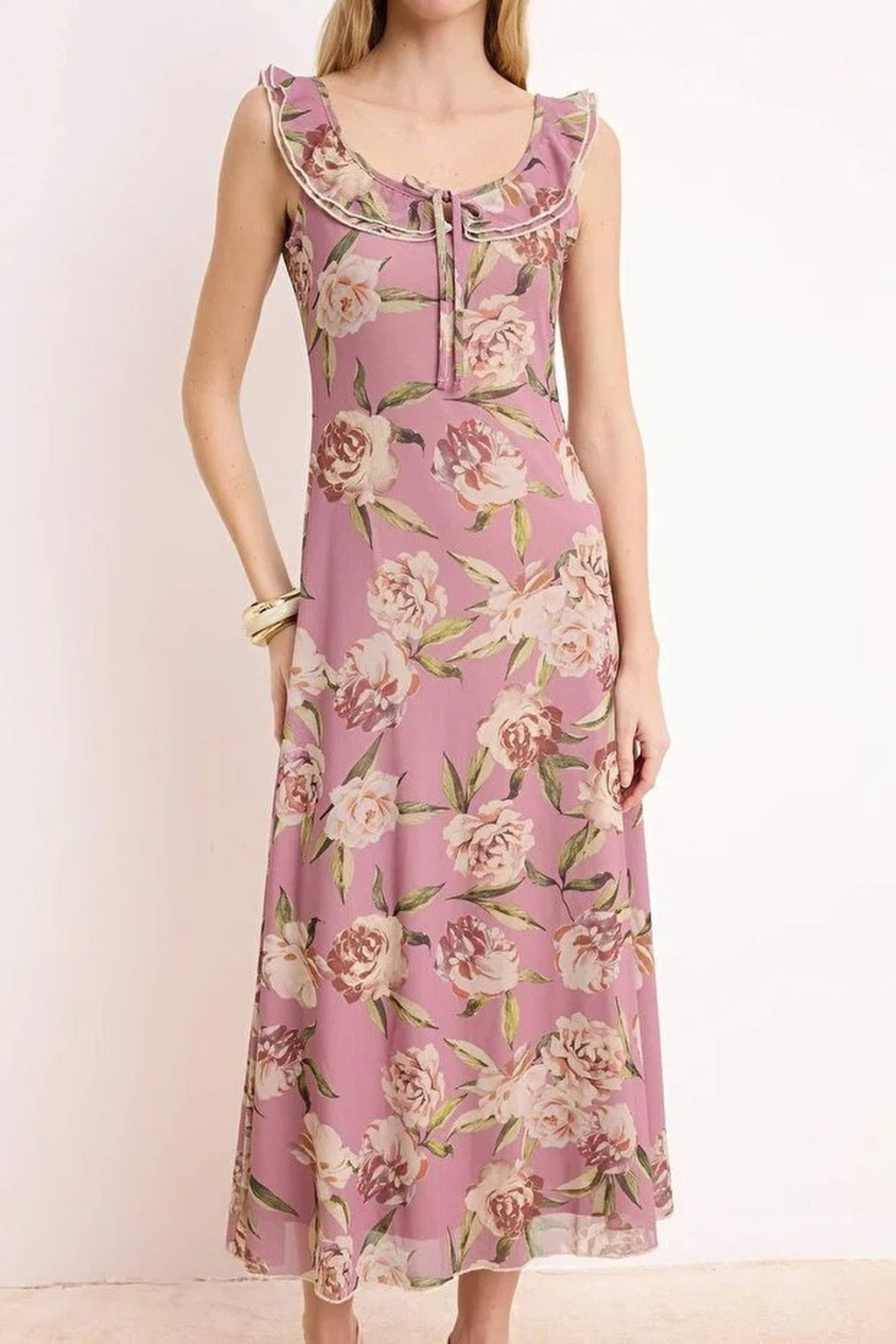 Floral A-Line Pool Neck Fruffled Midi Tulle Knit Dress