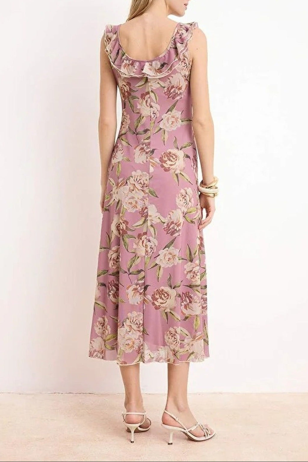 Floral A-Line Pool Neck Fruffled Midi Tulle Knit Dress