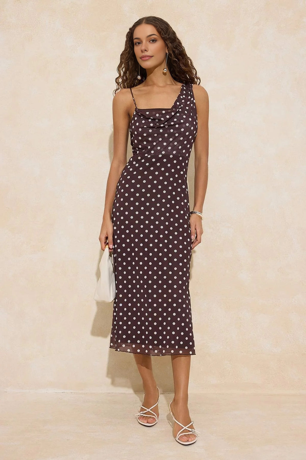Polka Dot  Asymmetrical Neck Ruched Maxi Tulle Knit Dress