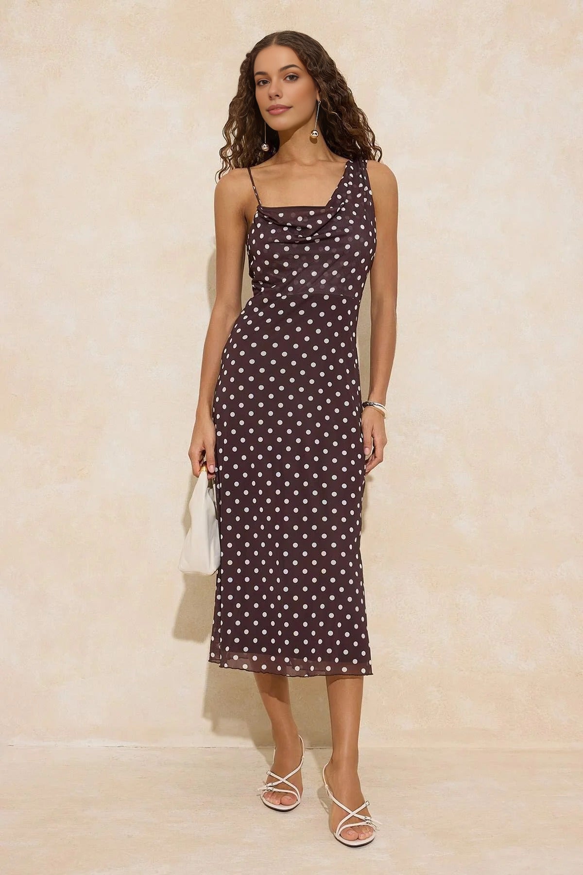 Polka Dot  Asymmetrical Neck Ruched Maxi Tulle Knit Dress